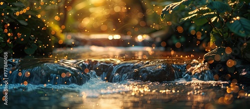 Magical Ambiance Bokeh Blur Enchanted Forest Stream in Tranquil Motion