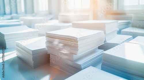 Stacks of blank white paper on a bright, sunny desk, suggesting a busy office or print environment, Reduce paper reduce carbon, Quit using paper, save trees, go digital.