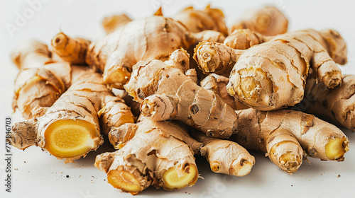 A pile of fresh ginger roots on a white background, some with exposed cross-sections revealing the interior.