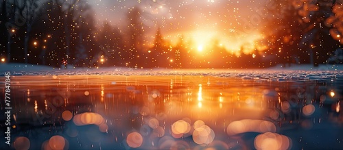 Tranquil Winter Sunset Bokeh Light Blur Reflecting Off Icy Pond Surface Amidst Gently Falling Snowflakes