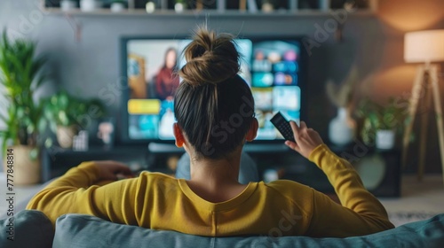 Woman relaxing on the couch, she is using the remote control and choosing a TV show or movie on the television menu.