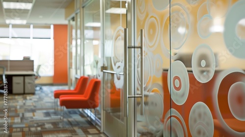 Creativity and privacy are combined in the designated quiet room where frosted glass partitions are adorned with inspirational quotes and designs. The frosted glass allows for a peaceful .