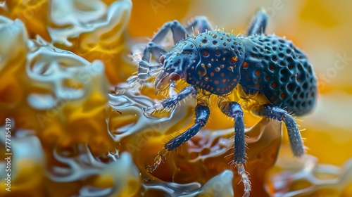 A closeup image of a parasitic mite on the surface of a beetles exoskeleton showcasing the intricate patterns and structures of the
