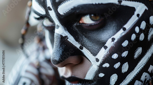 A fierce female warrior adorned with intricate black and white tribal face paint exuding a sense of fearlessness and resilience in the face of adversity. .