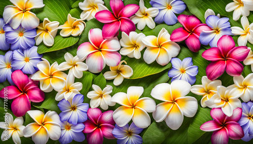 Morning close-up view of fresh wet plumeria daisy cosmos and periwinkle flowers