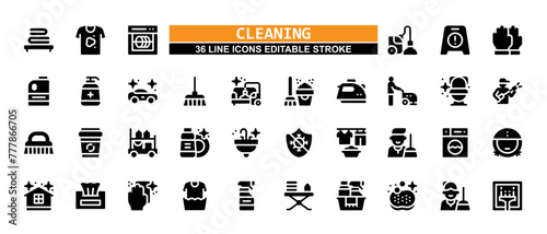 36 Cleaning Line Icons Set Pack Editable Stroke Vector Illustration. 
