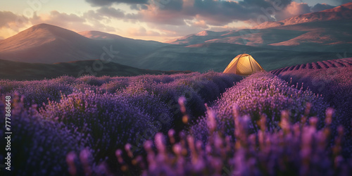 Yellow camping tent in the middle Lavender flowers plantation field farm in foggy morning