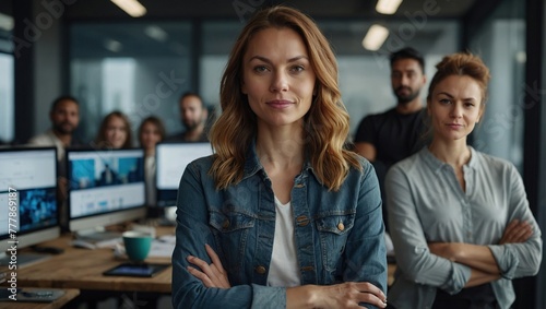 Creative, portrait and confident woman at work for startup company or agency, plan and designer for advertising business, Female person, arms crossed and employees, proud and together for teamwork
