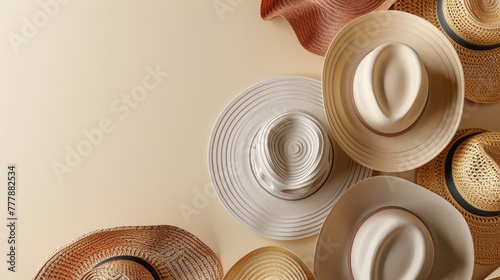 An arrangement of different types of hats on a neutral background, 3D render clay style , summer background, top view, copy space, studio shooting