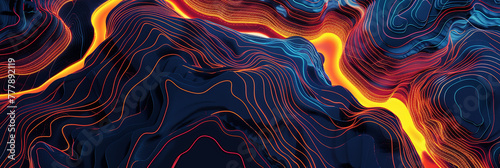 colorful topographic map of the river valley, glowing with orange and yellow lines on a dark blue background, generative AI
