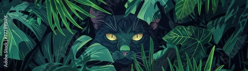 detailed illustration of a green-eyed cat lurking in a jungle