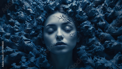 Overwhelmed, broken, nightmare, overthink concept with a woman with closed eyes in blue.