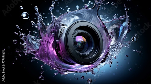 A sleek black camera lens capturing vibrant, cascading water droplets frozen in mid-air from a splash.