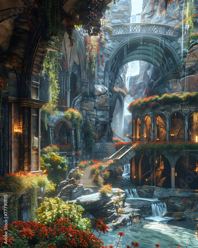 a painting of a waterfall surrounded by buildings and flowers