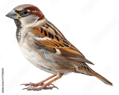 A small brown and white bird with a blue beak, cut out - stock png.