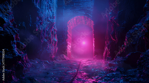 Fantasy night landscape with magical power, ancient stones with magical power and light, runes. Passage to another world, magic door, light, neon..