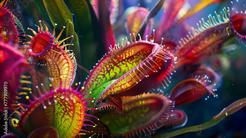 Siren-like carnivorous plants with vibrant colors, deadly allure, documentary style,