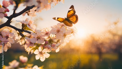 blossom tree over nature background with butterfly spring flowers spring background