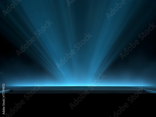Dramatic Blue Luminous Rays Emanating from Darkened Stage Backdrop with Futuristic Sci Fi Atmosphere