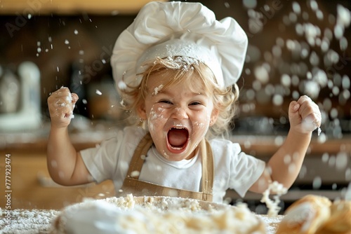 A young child in a chef hat is excited while baking and making a mess in the kitchen.