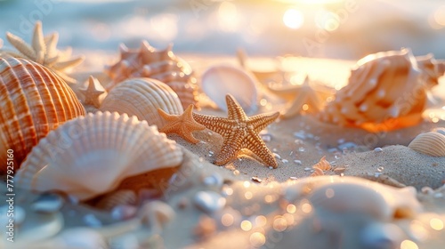 Close-up of assorted seashells and starfish on the beach with sparkling sunlight reflecting on the sea foam.
