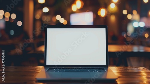 Conceptual workspace, Laptop computer with blank white screen on table, blurred background.
