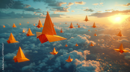 School notebook background. 3d flying yellow paper airplanes. Vector cartoon children planes in air.