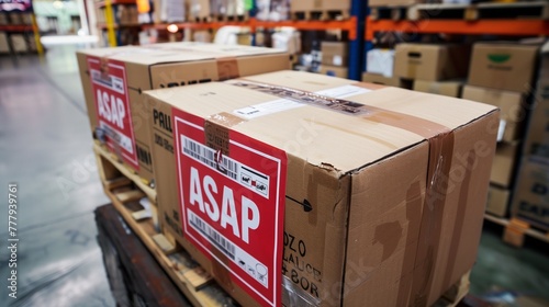 A cardboard package sealed with tape and prominently displaying an ASAP sticker, indicating urgent shipment, ready for immediate dispatch in a shipping facility.