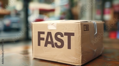 A cardboard package sealed with tape and prominently displaying an Fast sticker, indicating urgent shipment, ready for immediate dispatch in a shipping facility.