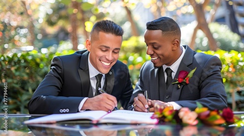 A cheerful gay couple in suits joyfully signing their marriage certificate outdoors.