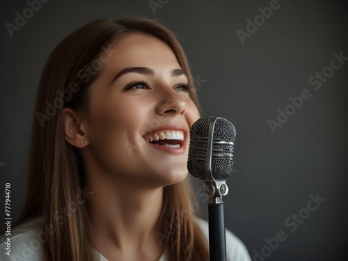 Mujer sonriente cantando con un micrófono se divierte cantando