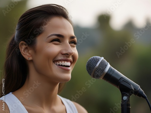 Mujer sonriente cantando con un microfono