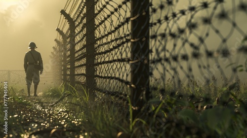 A soldier patrolling a national border with a barbed wire fence