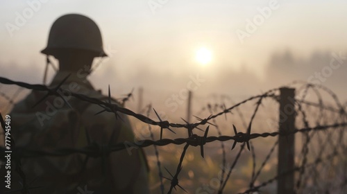 Border security at dawn, a soldier patrolling barbed wire fences in the sunrise foggy landscape. Generative ai