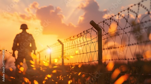 Border security at dawn, a soldier patrolling barbed wire fences in the sunset landscape. Generative ai