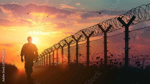 Dawn patrol, Soldier safeguarding border, Soldier patrolling barbed wire fences in the sunrise landscape. Generative ai