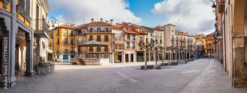 Panoramic view of the beautiful main square of Aranda de Duero with its colourful houses, Burgos.