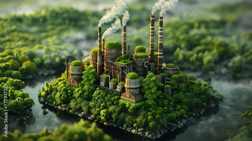 Industrial Greenery: Factory Amidst Forest on Island.