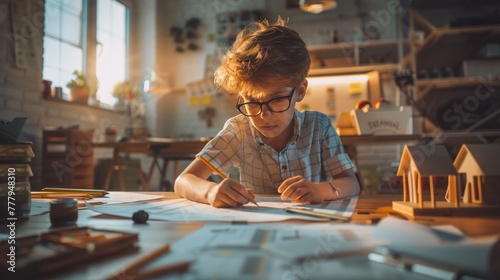 Young boy with glasses focused on drawing at a desk with scale models and art supplies around, in cozy room.