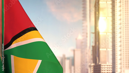 flag of Guyana on city skyscrapers buildings vanilla sundown bg for any holiday - abstract 3D illustration