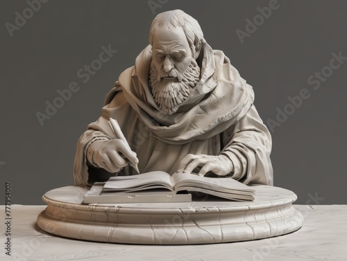 3D render clay style of a medieval scribe at work, isolated on gray background