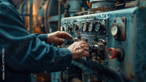A technician adjusts dials on an industrial control panel, focusing on machinery calibration or maintenance in a factory setting.