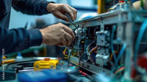 Technician using a screwdriver on an electronic device with open casing surrounded by tools and wires on a workbench.