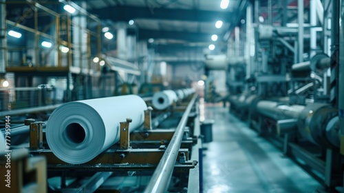 Industrial paper roll production line inside a manufacturing plant with machinery and conveyor belts, in a blue-toned factory setting.
