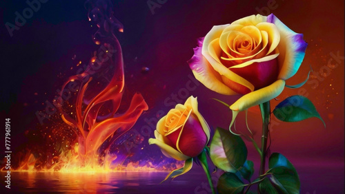 multicolor light color sepals rose background with little shade of the solid color with water drops lying on the background with space and a blaze of the fire on sepals abstract gradient background 