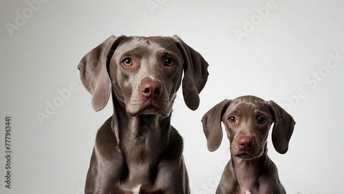 Perros de raza braco de weimar, alerta, sobre fondo blanco, madre y cachorro