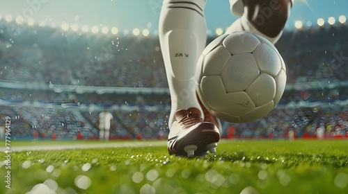 Close up of a soccer striker ready to kicks the fiery ball at the stadium 