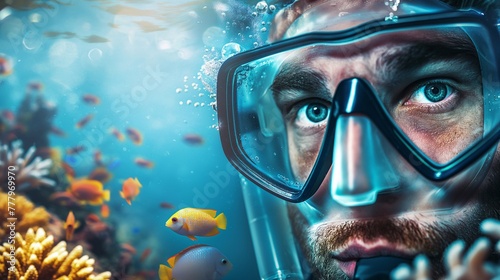 extreme close-up portrait of a man's face wearing a mask for swimming underwater against the backdrop of azure crystal clear water and colorful coral reefs and fish