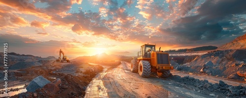 Orange grader working on road construction at sunset with beautiful sky background, backhoe in view