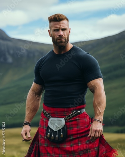 handsome muscular Scottish man dressed in a T-shirt and red plaid kilt kilt stands against the background of mountains